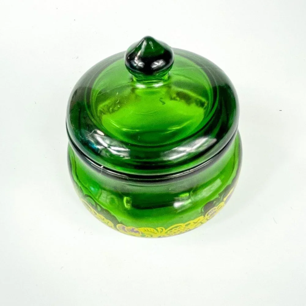 Emerald Green Glass Jam Jelly Jar Purple fruit design Belgium